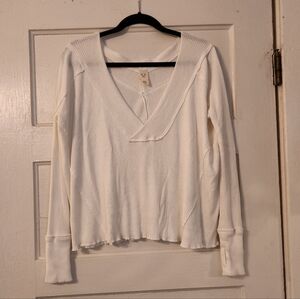 We the Free Ocean View Ribbed Ivory Boho Oversized Deep V neck Top Size XS EUC